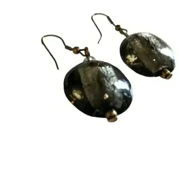 Earrings Venetian Glass Beads Dark Smoky Grey Silver Foil Handmade Jewelry Women - Picture 4 of 5